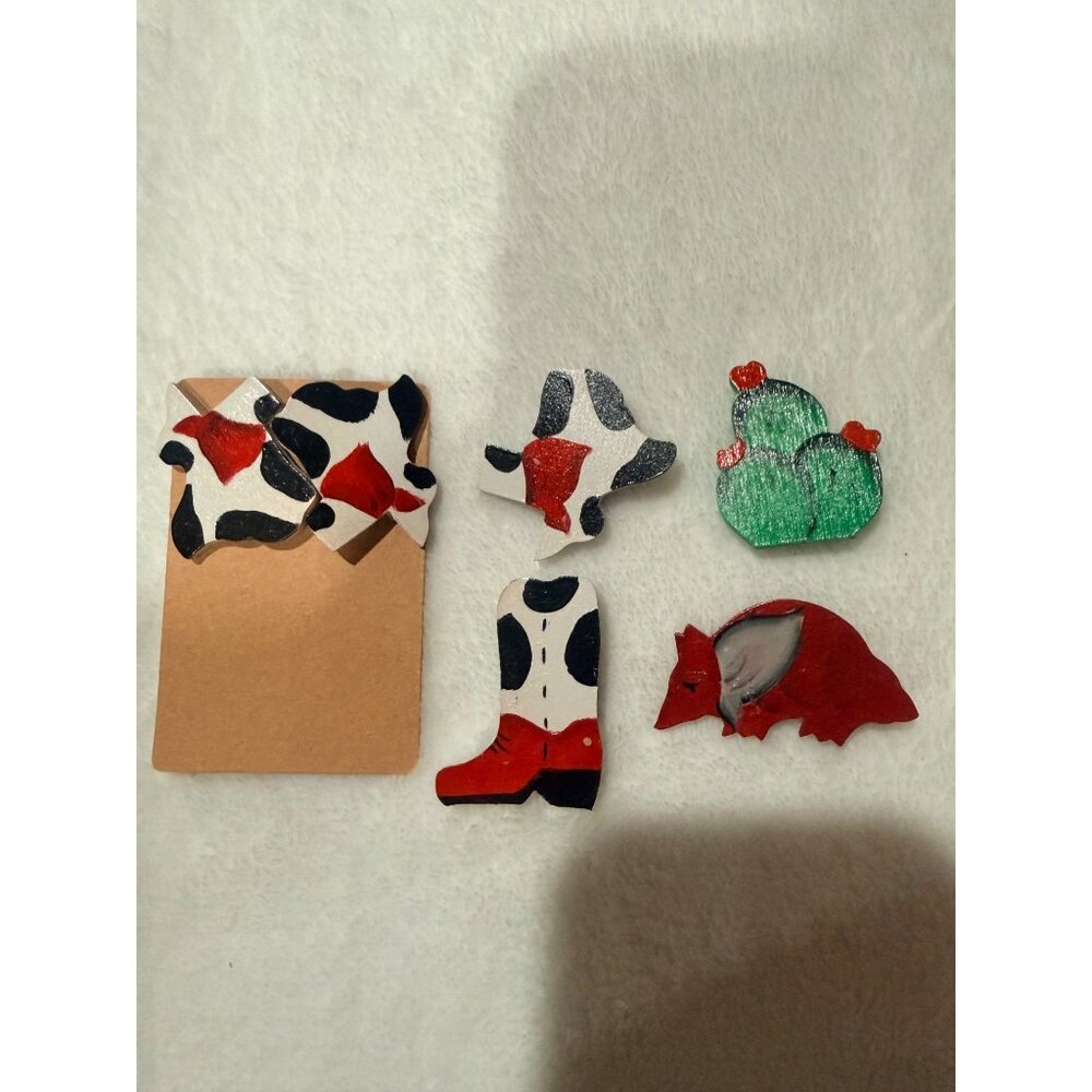 Wooden Western-Themed Pins Set Of 5 With Cactus Cowboy Boot (Cow Print earrings)
